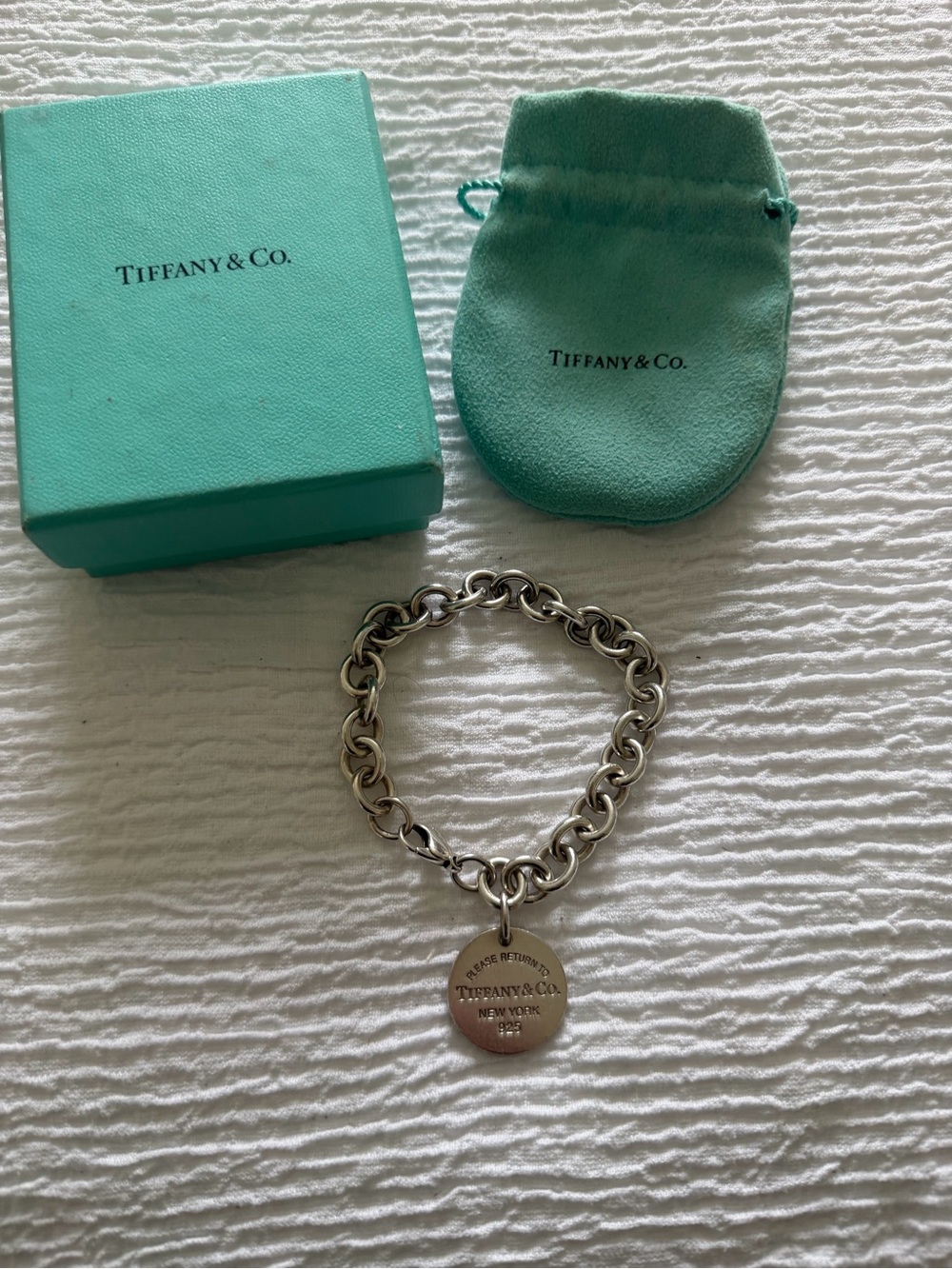 Tiffany & Co. Sterling Silver Round Tag Charm Bracelet with Tiffany Blue Pouch